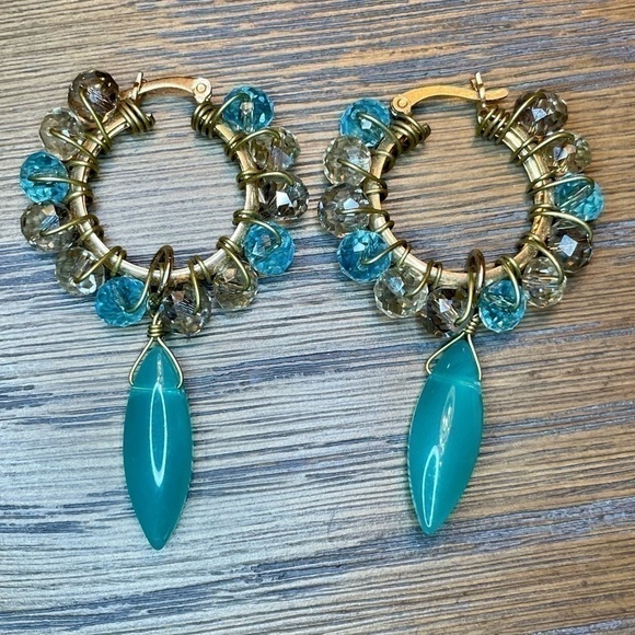 GOLD Plated Crystals And Stones Hoops Turquoise - Picture 1 of 4